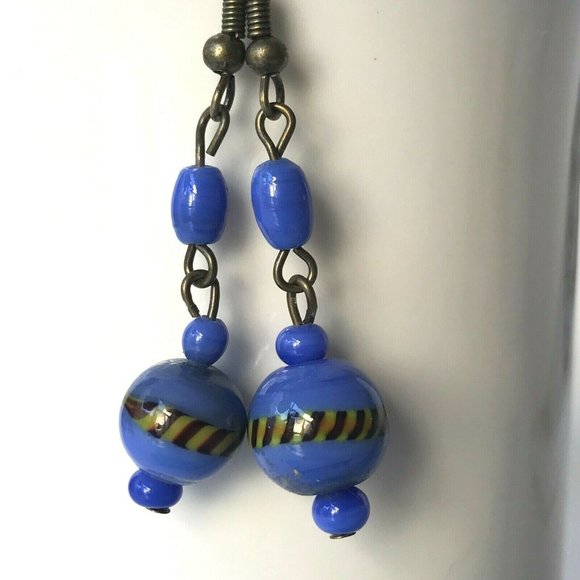 Vintage Blue Murano Glass Bead Earrings Dangle Montana Gold Plated - Picture 4 of 10